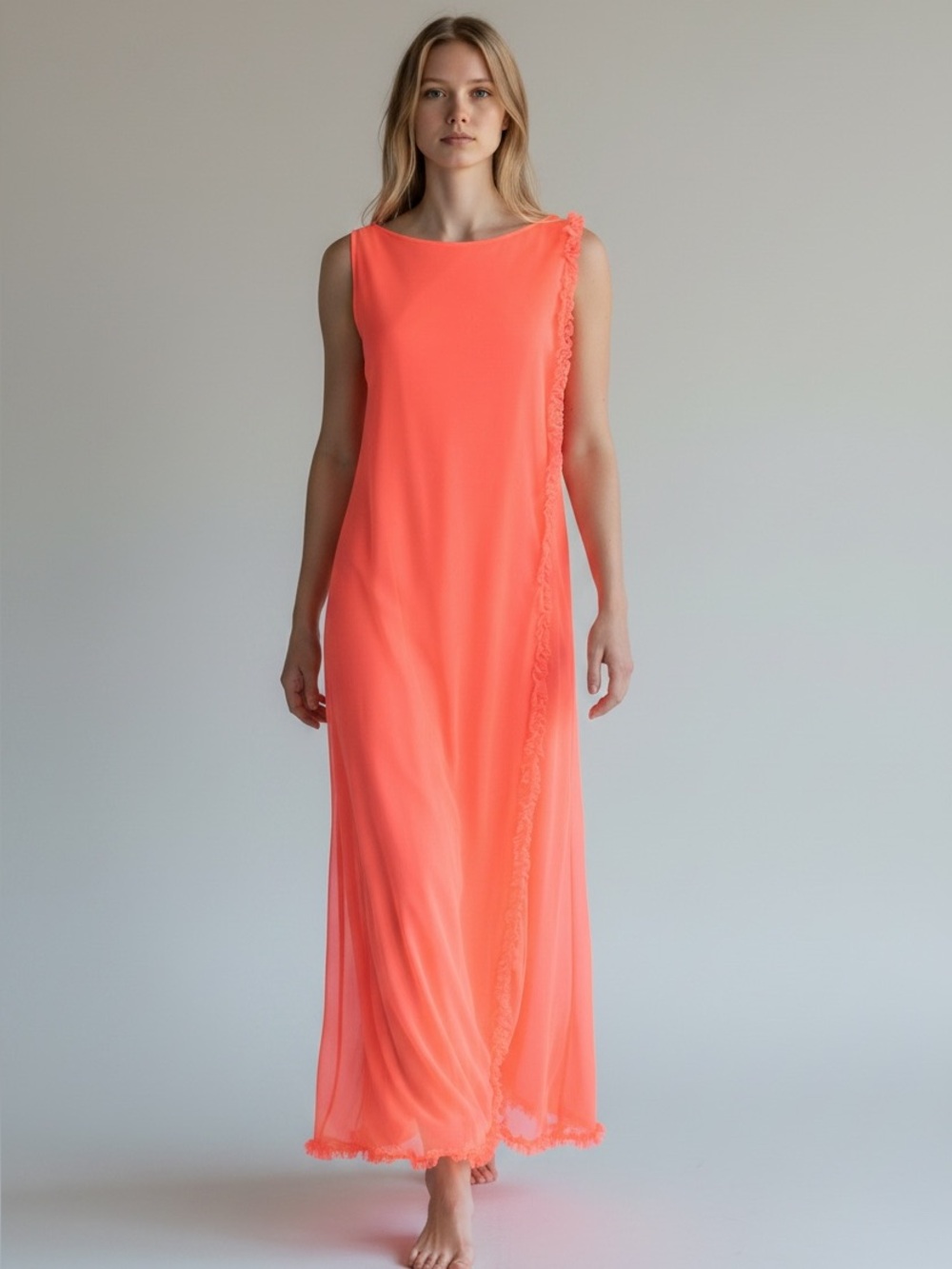 Vintage Neon Coral Double Chiffon Ruffled Nightgown | S M